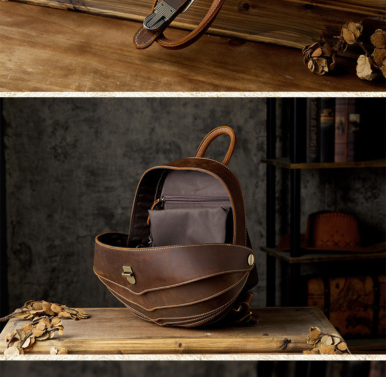 Men's Rucksack Retro Cowhide Crazy Horse Handmade Unique Fashion Beatles Men's Bag