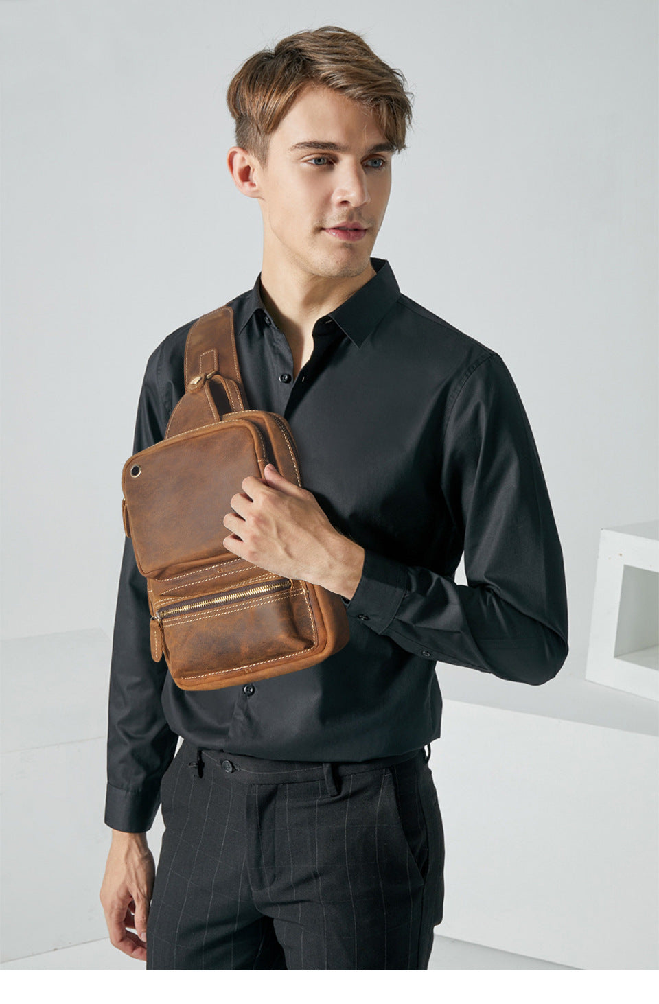 Men's bust bag Genuine cowhide leather outdoor multipurpose crossbody bag for men