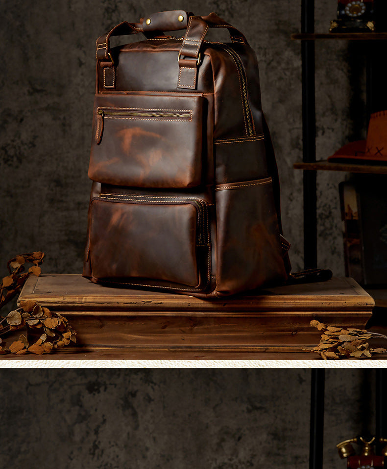 Men's Backpack Handmade Cowhide Genuine Leather Crazy Horse Retro Large Capacity Computer Bag Casual Fashion Business Travel Bag