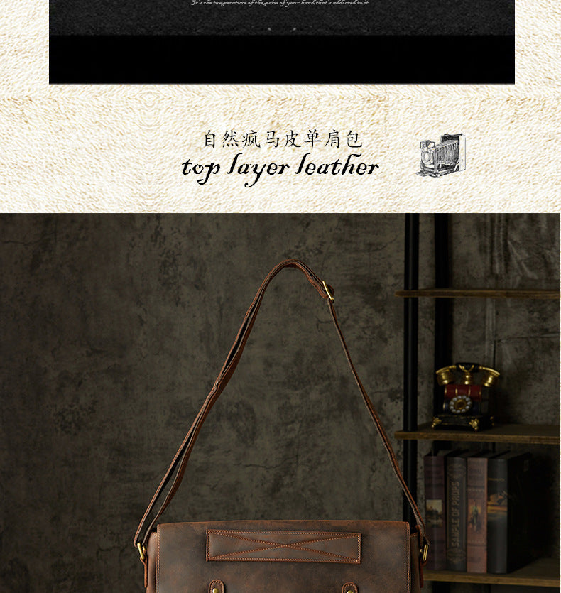Men's Messenger Bag Handmade Genuine Cowhide Leather Crazy Horse Korean Fashion Crossbody Bag Shoulder Bag