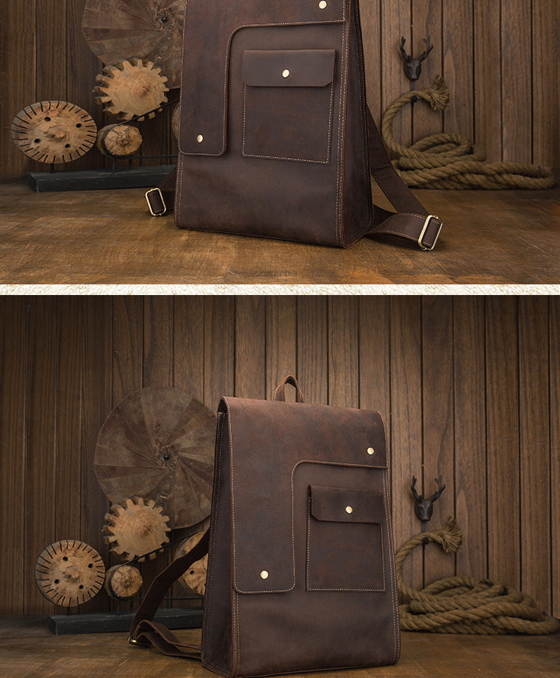 Men's Rucksack Cowhide Genuine Leather Handmade Unique Fashion Casual Travel Bag Computer Bag