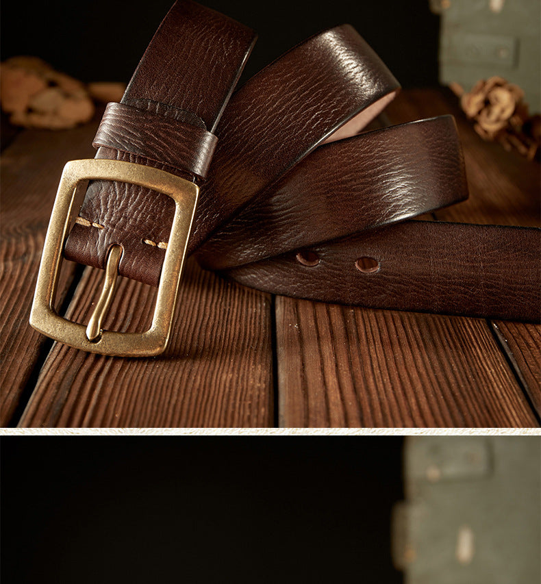 Men's Belt Original Handmade Retro Cowhide Genuine Leather Copper Needle Buckle Men's Belt