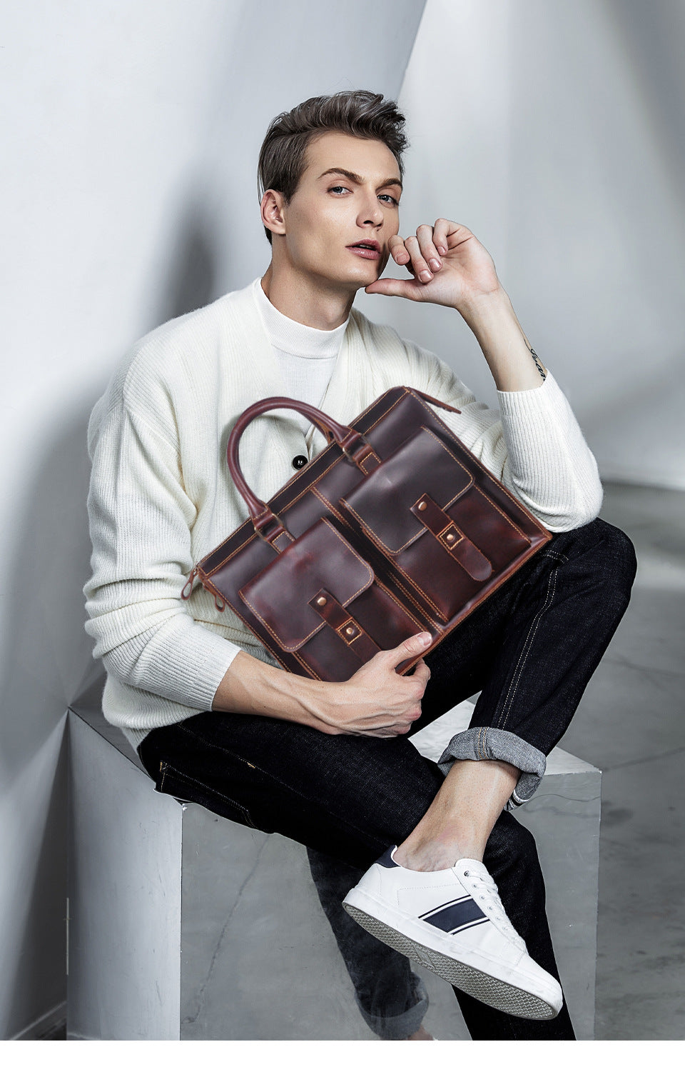 Men's Handbag Briefcase Cowhide Genuine Leather Retro Business Men Computer Bag
