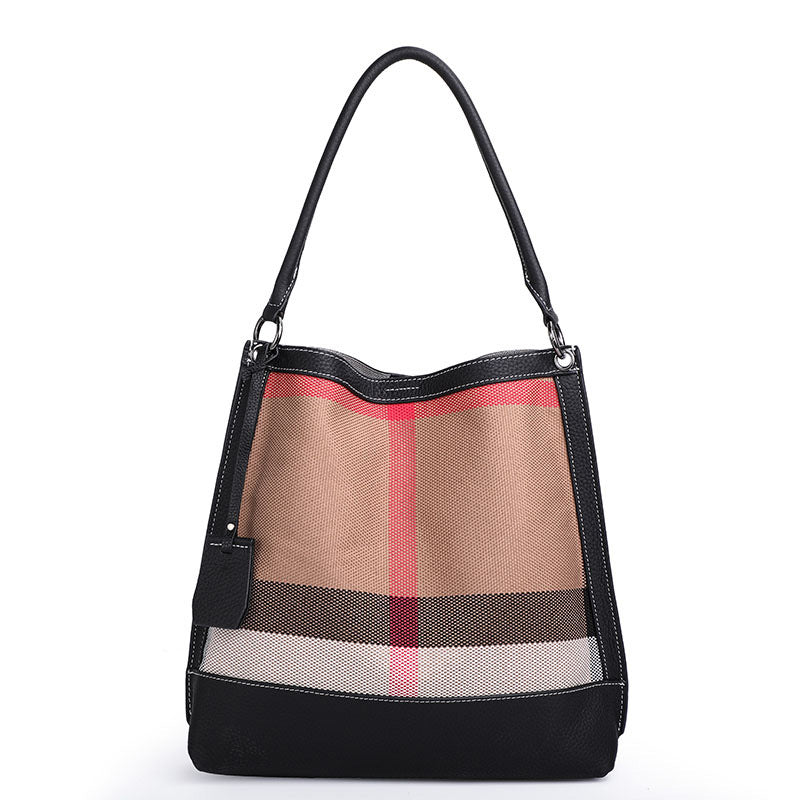 Women's bag Plaid cowhide canvas trend fashion bucket bag tote bag commuting Shoulder bag that goes with anything. Pochette
