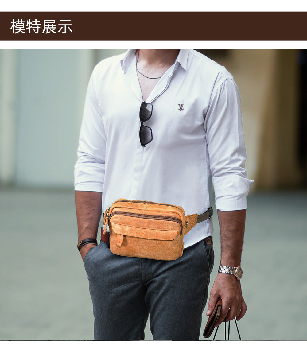 Men's Waist Pouch Cowhide Genuine Leather Simple Fashion Retro Outdoor Men's Bust Bag Shoulder Bag