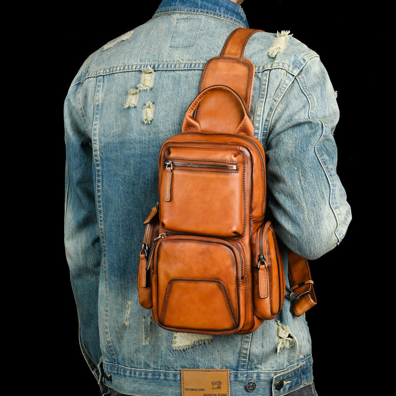 Men's Bust Bag Genuine Cowhide Leather Retro Casual Men's Crossbody Bag Travel Bag
