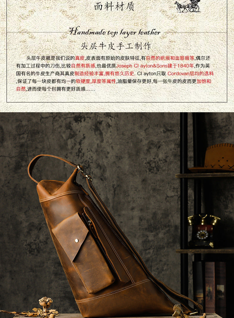 Men's Crossbody Bag Cow Leather Crazy Horse Handmade Retro Unique Fashion Multifunctional Shoulder Bag