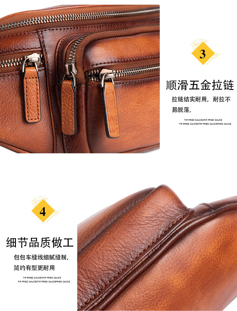 Men's Waist Pouch Genuine Cowhide Leather Retro Casual Bust Bag for Men