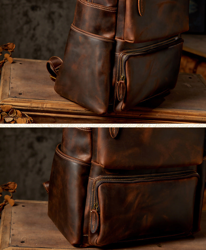 Men's Backpack Handmade Cowhide Genuine Leather Crazy Horse Retro Large Capacity Computer Bag Casual Fashion Business Travel Bag