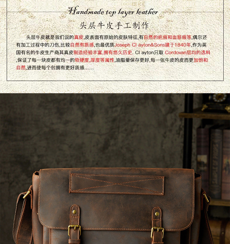 Men's Messenger Bag Handmade Genuine Cowhide Leather Crazy Horse Korean Fashion Crossbody Bag Shoulder Bag
