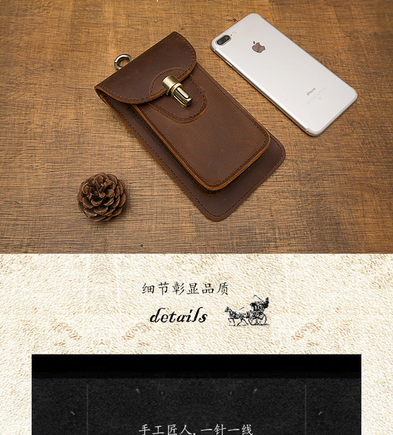 Men's Smartphone Pouch Waist Pouch Handmade Cow Leather Crazy Horse High Quality Men's Mini Bag Mobile Phone Bag