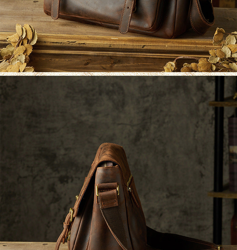 Men's Messenger Bag Handmade Genuine Cowhide Leather Crazy Horse Korean Fashion Crossbody Bag Shoulder Bag