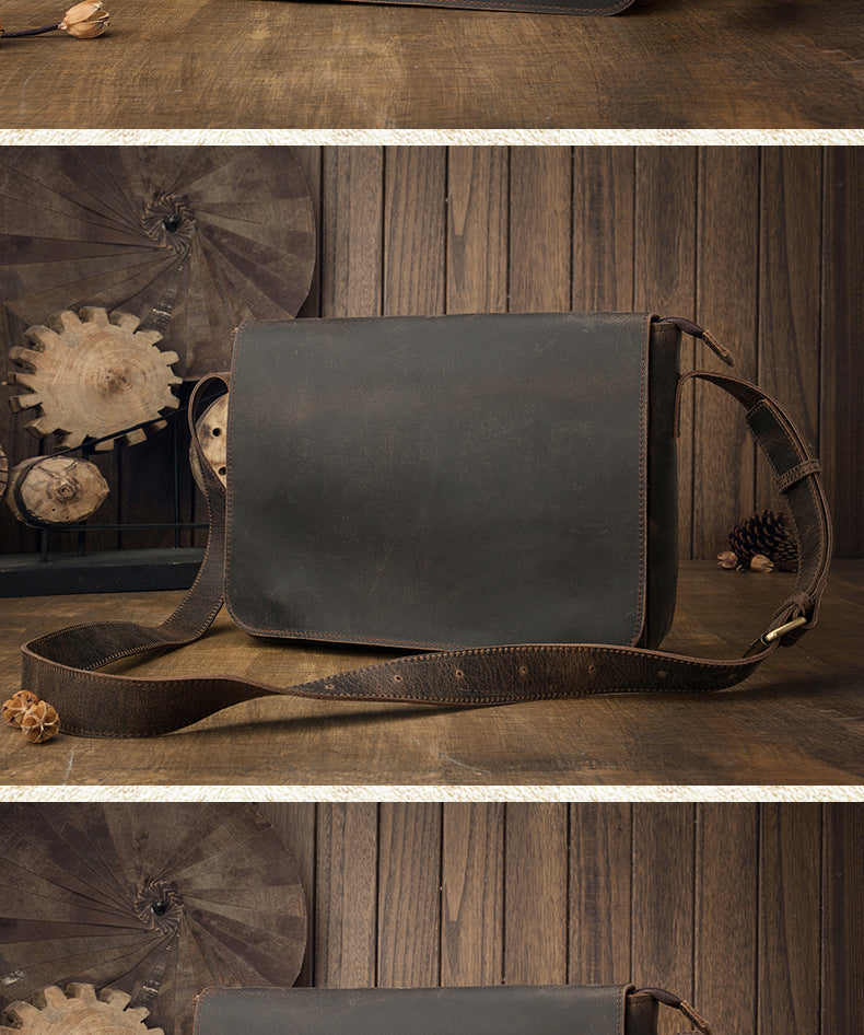 Men's Messenger Bag Handmade Genuine Cowhide Leather Crazy Horse Retro Casual Shoulder Bag Crossbody Computer Bag
