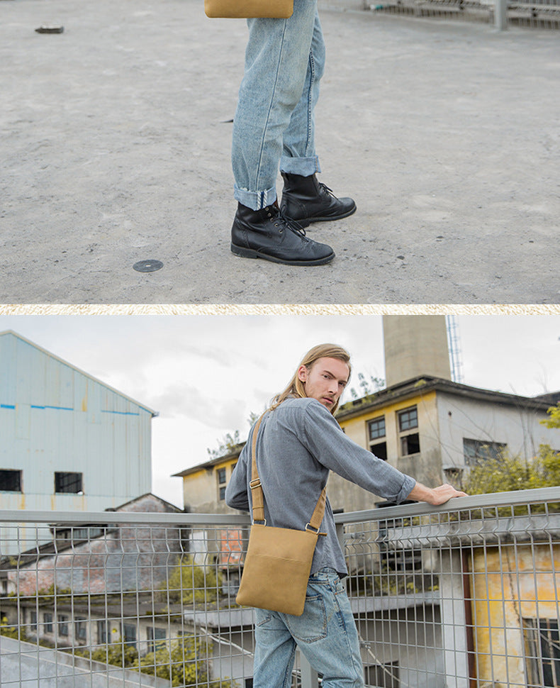 Men's Shoulder Bag Handcrafted Genuine Cowhide Leather Crazy Horse Simple Retro Crossbody Bag for Men