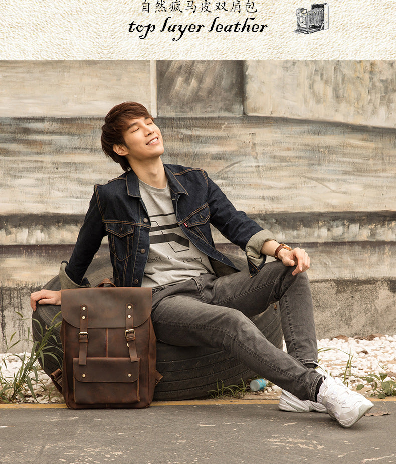 Men's Rucksack Korean Fashion Handmade Cowhide Genuine Leather Crazy Horse Outdoor Travel Bag Casual Computer Bag for Men