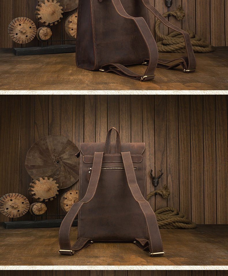 Men's Rucksack Cowhide Genuine Leather Handmade Unique Fashion Casual Travel Bag Computer Bag