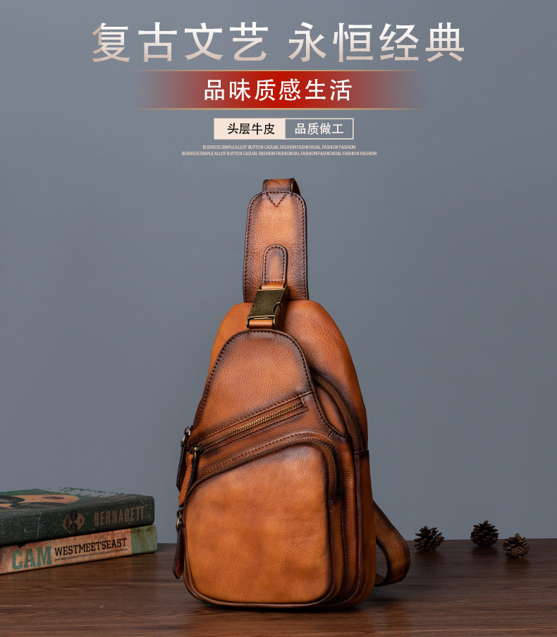 Men's bust bag Genuine cowhide leather retro crossbody bag for men