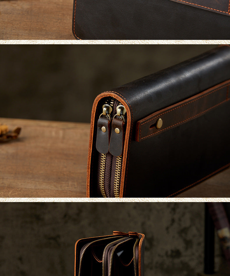 Men's Wallet Handcrafted Genuine Cowhide Leather Quality Crazy Horse Double Zipper Clutch Bag Casual Men's Wallet