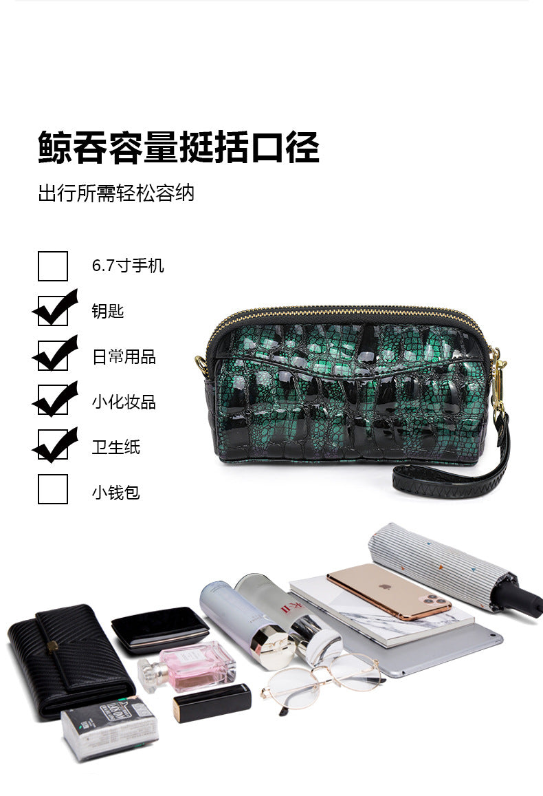Ladies Handbag Genuine Leather Crocodile Pattern Clutch Bag Temperament Large Capacity Double Zipper Fashion Temperament Shoulder Bag.Pochette