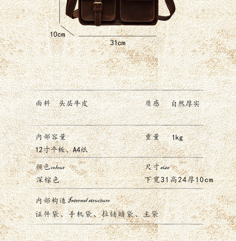 Men's Shoulder Bag Handcrafted Genuine Cowhide Leather Casual Unique Men's Messenger Bag Crossbody Bag