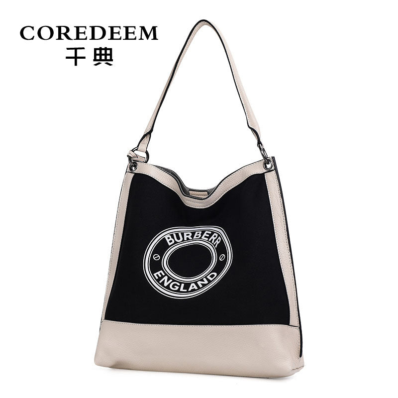 Women's bag Plaid cowhide canvas trend fashion bucket bag tote bag commuting Shoulder bag that goes with anything. Pochette