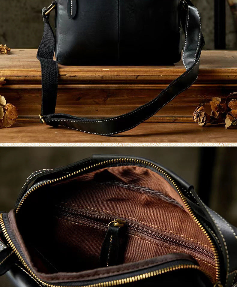 Men's Shoulder Bag Handmade Cow Leather Casual Simple Retro Zipper Crossbody Bag