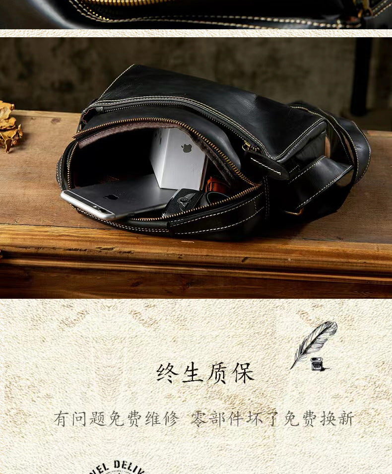 Men's Shoulder Bag Handmade Cow Leather Casual Simple Retro Zipper Crossbody Bag