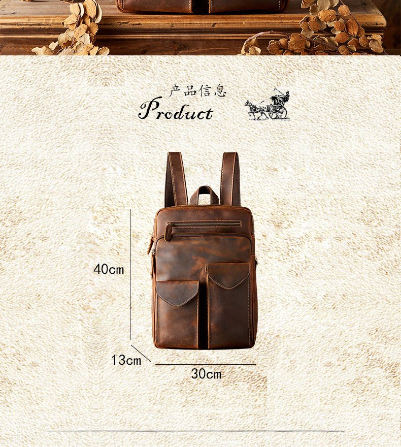 Men's Backpack Genuine Cowhide Leather Crazy Horse Handmade Original Travel Bag Retro Casual Men's Bag