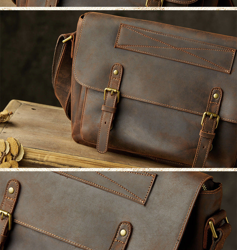 Men's Messenger Bag Handmade Genuine Cowhide Leather Crazy Horse Korean Fashion Crossbody Bag Shoulder Bag