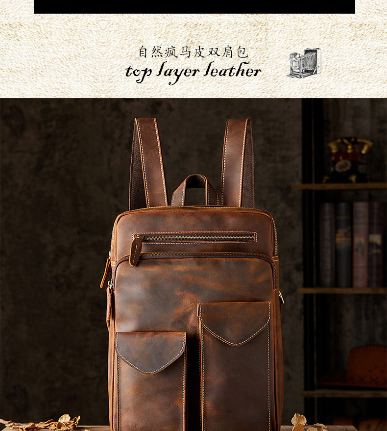 Men's Backpack Genuine Cowhide Leather Crazy Horse Handmade Original Travel Bag Retro Casual Men's Bag