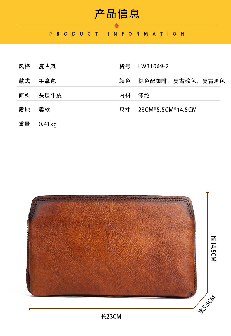 Men's Clutch Bag Genuine Cowhide Leather Practical Retro Casual Men Bag