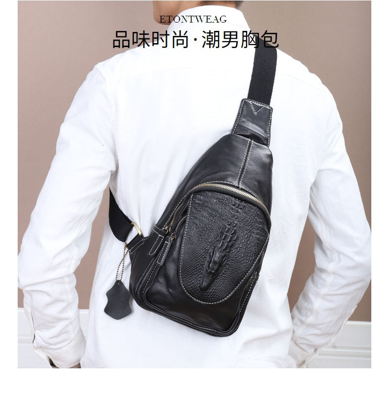Men's Bust Bag Shoulder Bag Cowhide Crocodile Crest Retro Casual Crossbody Bag for Men