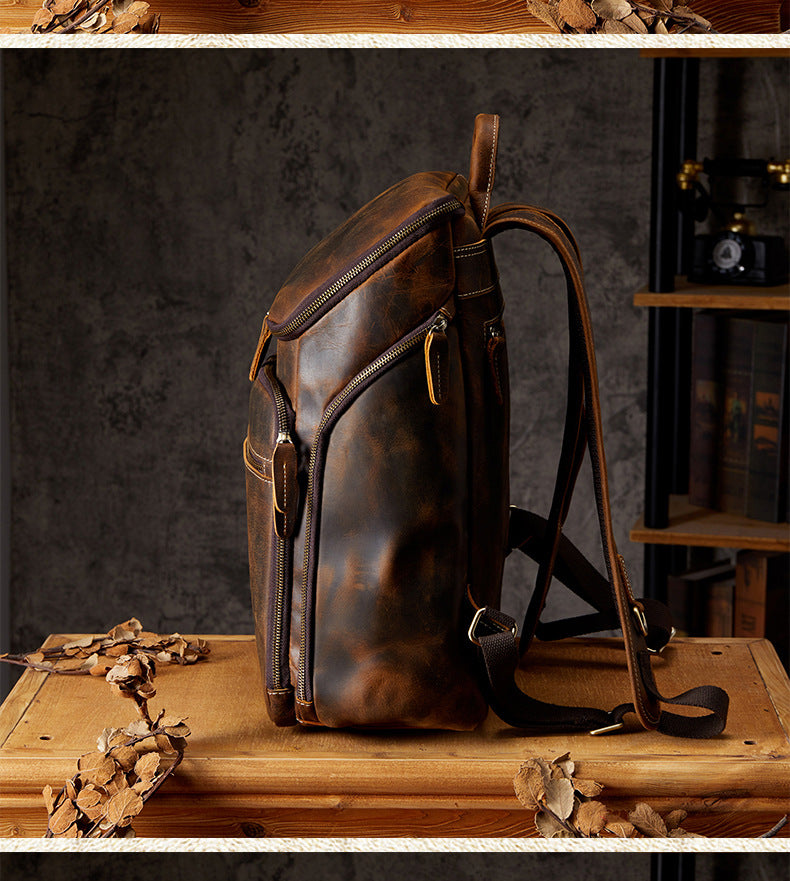 Men's backpack, handmade, genuine cowhide leather, retro outdoor men's travel bag, computer bag