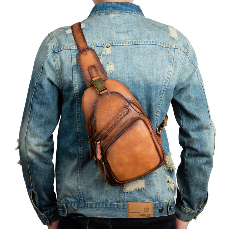 Men's bust bag Genuine cowhide leather retro crossbody bag for men