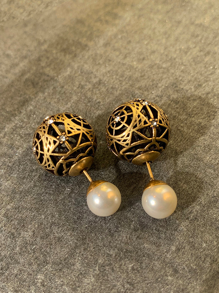 D Small Pearl Earrings Women's Temperament Luxury Openwork Retro Luxury Earrings