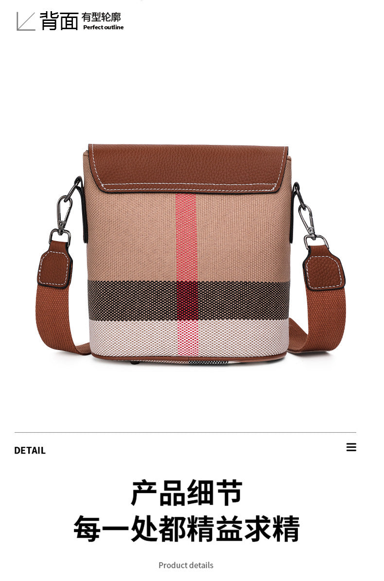 Genuine leather women's bag plaid leather bucket bag trend cowhide canvas bag trend shoulder bag. pochette