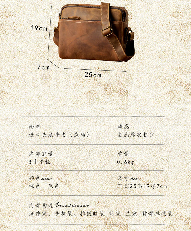 Men's Shoulder Bag Handmade Cow Leather Casual Simple Retro Zipper Crossbody Bag