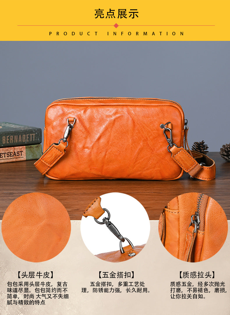 Men's Crossbody Bag Cowhide Genuine Leather Retro Casual Versatile Male Shoulder Bag Clutch Bag