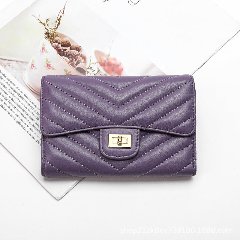 Sheep leather women's wallet stylish tri-fold wallet simple V size check coin purse high quality