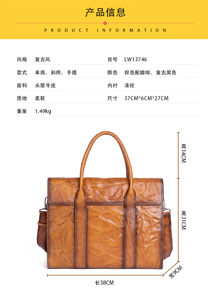 Men's Briefcase Genuine Cowhide Leather Casual Bag Travel Bag for Men