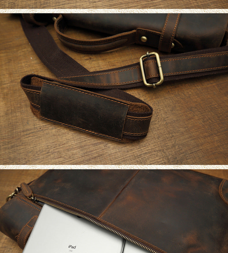 Men's Messenger Bag Handmade Genuine Cowhide Leather Crazy Horse Retro Handbag Handbag Men's Briefcase Crossbody Shoulder Bag