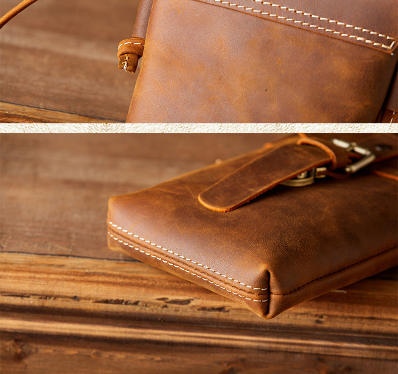 Men's Shoulder Bag Handcrafted Genuine Cowhide Leather Smartphone Pouch Retro Casual Crossbody Bag for Men