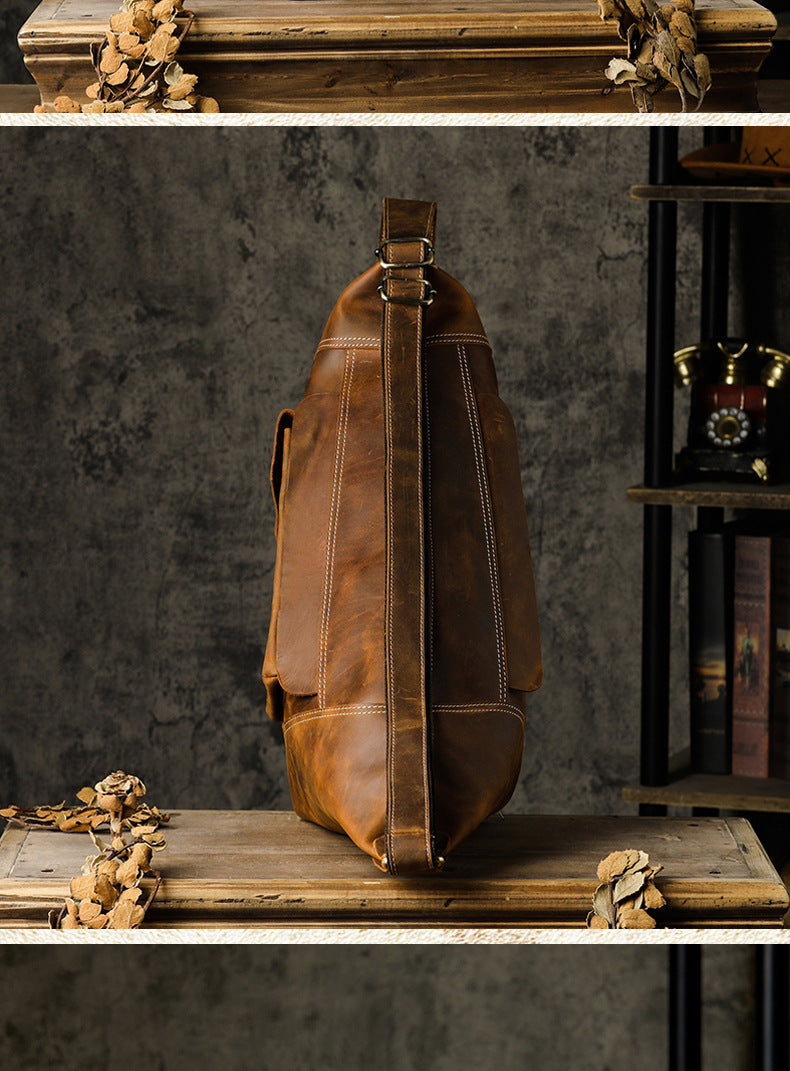 Men's Crossbody Bag Cow Leather Crazy Horse Handmade Retro Unique Fashion Multifunctional Shoulder Bag