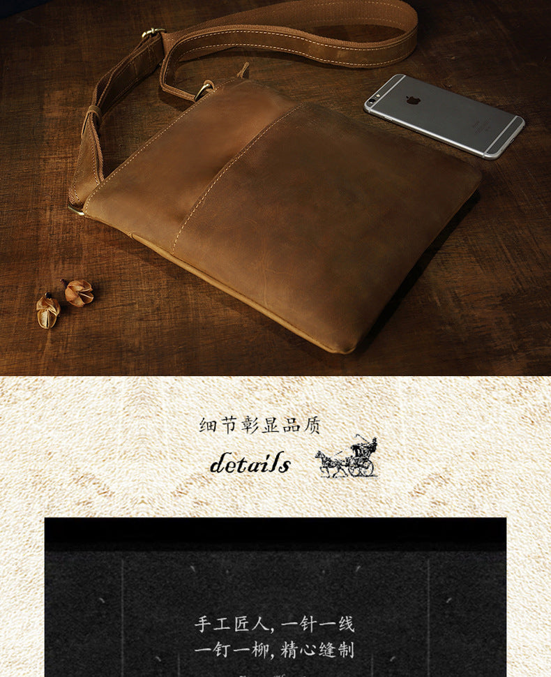Men's Shoulder Bag Handcrafted Genuine Cowhide Leather Crazy Horse Simple Retro Crossbody Bag for Men