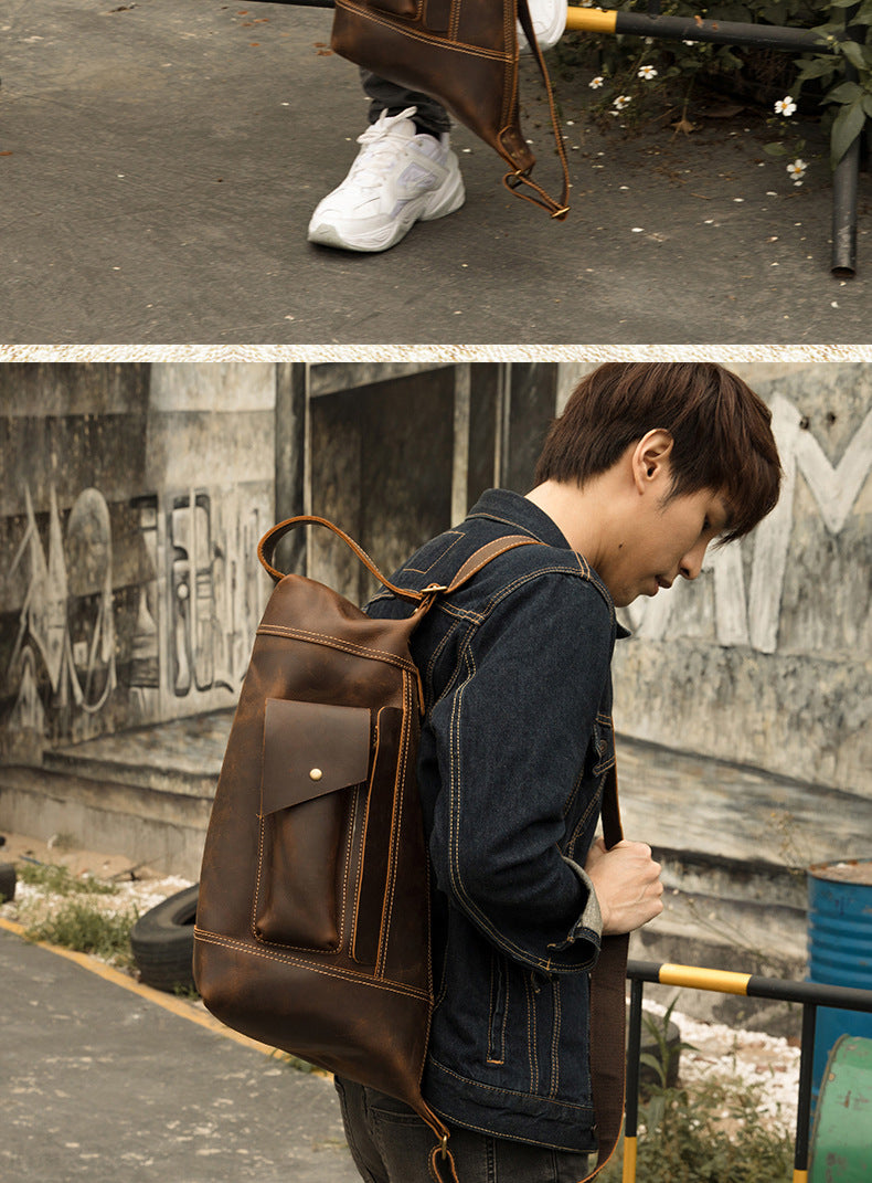 Men's Crossbody Bag Cow Leather Crazy Horse Handmade Retro Unique Fashion Multifunctional Shoulder Bag
