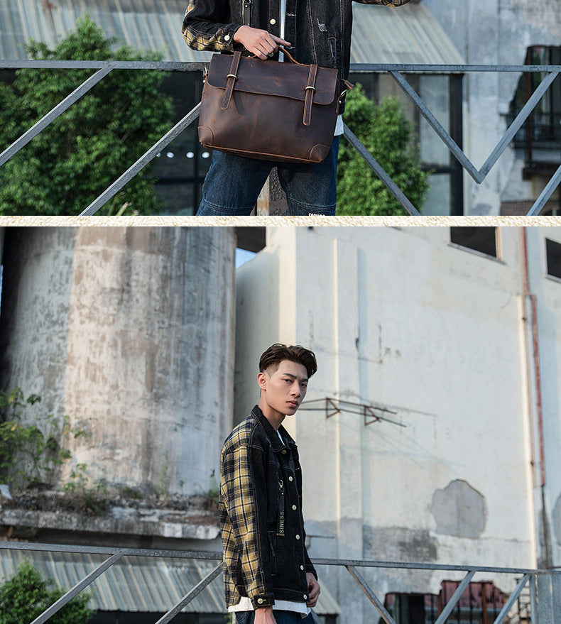 Men's Messenger Bag Handmade Genuine Cowhide Leather Crazy Horse Retro Handbag Handbag Men's Briefcase Crossbody Shoulder Bag