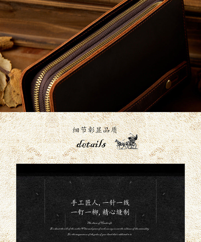 Men's Wallet Handcrafted Genuine Cowhide Leather Quality Crazy Horse Double Zipper Clutch Bag Casual Men's Wallet