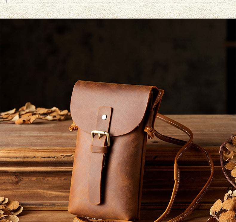 Men's Shoulder Bag Handcrafted Genuine Cowhide Leather Smartphone Pouch Retro Casual Crossbody Bag for Men