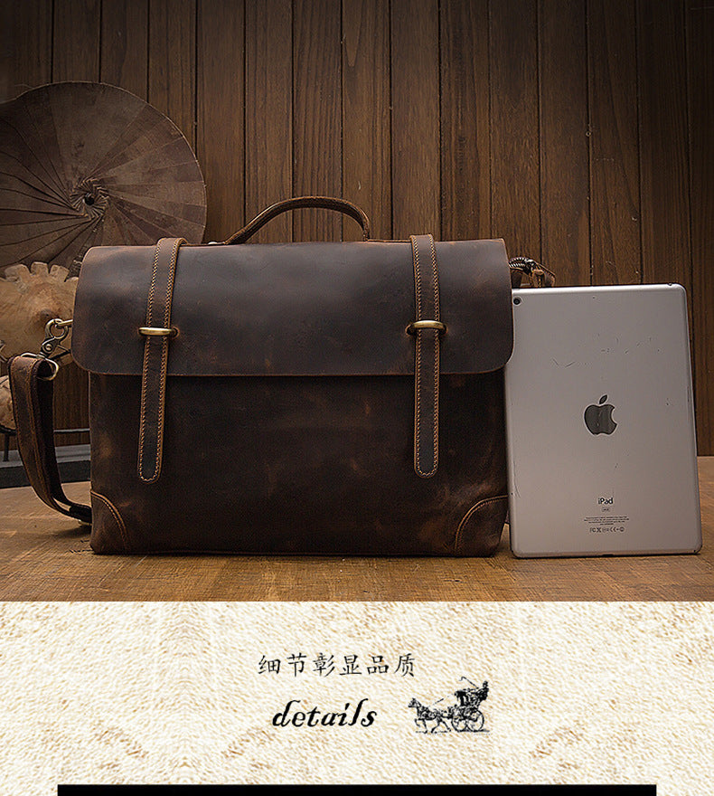Men's Messenger Bag Handmade Genuine Cowhide Leather Crazy Horse Retro Handbag Handbag Men's Briefcase Crossbody Shoulder Bag