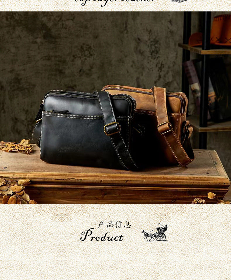 Men's Shoulder Bag Handmade Cow Leather Casual Simple Retro Zipper Crossbody Bag